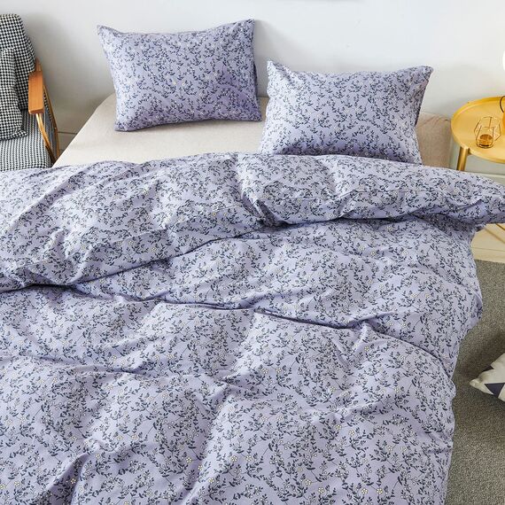 HoneiLife Bettbezug für King-Size-Betten – 100 % Baumwolle, Bettbezug-Sets, hellviolett, Bettbezug mit Reißverschluss und Eckbändern, 3-teiliges Wildblumen-Bettbezug-Sets, Lavendelgrau