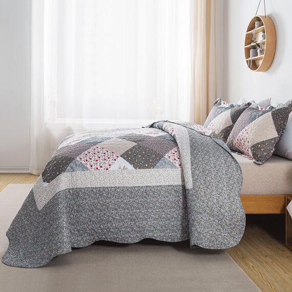 HoneiLife Bettwäsche-Set für King-Size-Betten – 3-teiliges Mikrofaser-Bettwäsche-Set, leichte Tagesdecken, wendbare Decken, Retro-Bettbezug, Steppdecke, für alle Jahreszeiten, Grau