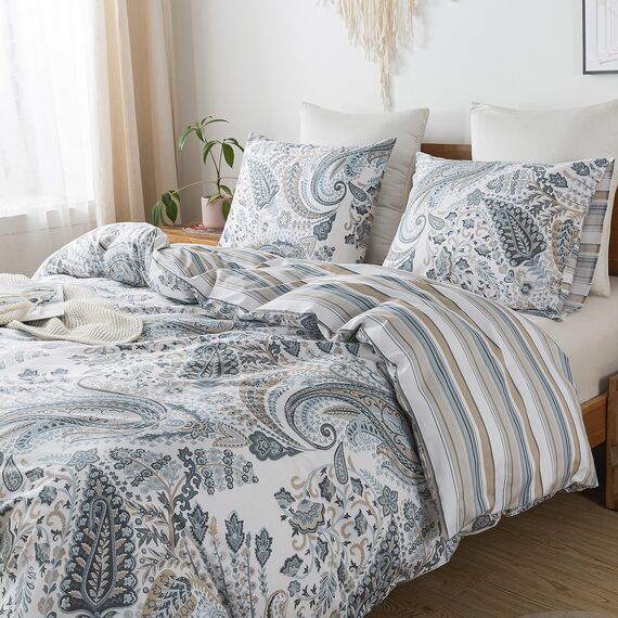 HoneiLife Baumwoll-Bettbezug, Queensize-Bett, 3-teilig, Paisleymuster, weich und atmungsaktiv, Bettbezug-Sets mit Reißverschluss und Eckbändern, Wildblumen-Bettbezug-Sets für alle Jahreszeiten