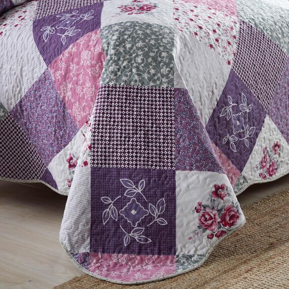 HoneiLife Bettwäsche-Set für Doppelbett, 2-teilig, Mikrofaser, wendbar, Tagesdecke, Patchwork-Überwurf, Blumenmuster, alle Jahreszeiten, Steppdecken mit geometrischem und kleinem Rosenmuster, Violett