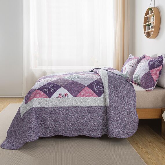 HoneiLife Steppdecken-Sets in Queen-Size, 3-teiliges Mikrofaser-Bettwäsche-Set, leichte Steppdecken, wendbar, Retro-Bettbezug, mit Blumenmotiv, Bettwäsche-Set für alle Jahreszeiten, Violett