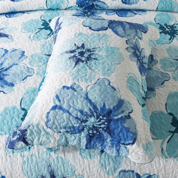 HoneiLife Bettwäsche-Set, Queen-Size-Größe, 3-teilig, Mikrofaser-Steppdecken, wendbar, Tagesdecken, bedruckt, Blumenmuster, für alle Jahreszeiten, Tagesdecke, Spritztinte, Blau und Cyan