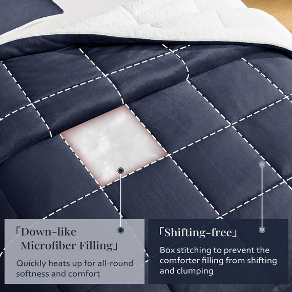 Basic Beyond Bettwäsche-Set für King-Size-Betten – dickes Sherpa-Bettwäsche-Set, King-Size-Bett, weich und flauschig, King-Size-Bett für den Winter, Marineblau, 264,2 x 223,5 cm