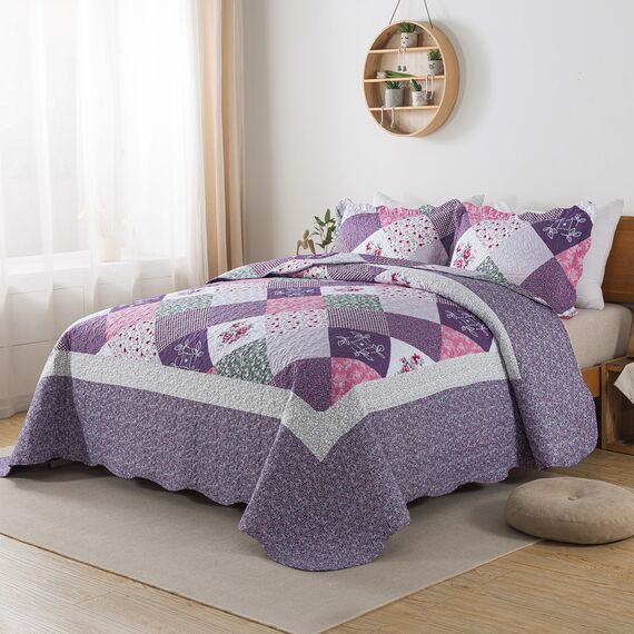HoneiLife Steppdecken-Sets in Queen-Size, 3-teiliges Mikrofaser-Bettwäsche-Set, leichte Steppdecken, wendbar, Retro-Bettbezug, mit Blumenmotiv, Bettwäsche-Set für alle Jahreszeiten, Violett