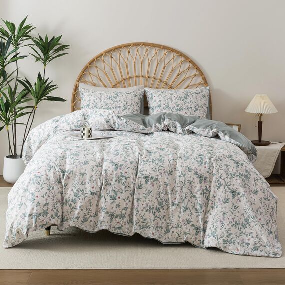 HoneiLife Bettwäsche-Set mit Blumenmuster für Queen-Size-Betten, 100 % Baumwolle, weiches botanisches Bettwäsche-Set mit Reißverschluss und Eckbändern, 3-teiliges Wildblumen-Bettwäsche-Set, Grün