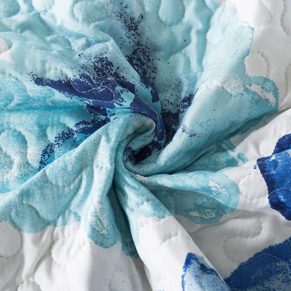 HoneiLife Bettwäsche-Set, Queen-Size-Größe, 3-teilig, Mikrofaser-Steppdecken, wendbar, Tagesdecken, bedruckt, Blumenmuster, für alle Jahreszeiten, Tagesdecke, Spritztinte, Blau und Cyan