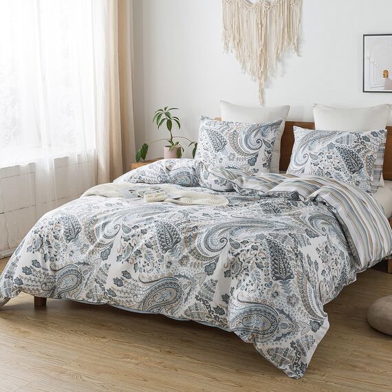 HoneiLife Baumwoll-Bettbezug, Queensize-Bett, 3-teilig, Paisleymuster, weich und atmungsaktiv, Bettbezug-Sets mit Reißverschluss und Eckbändern, Wildblumen-Bettbezug-Sets für alle Jahreszeiten