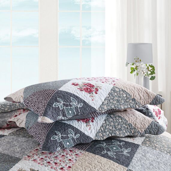 HoneiLife Steppdecken-Set in Queen-Size, 3-teilig, Mikrofaser, wendbar, Patchwork-Bezüge, Blumen-Bettwäsche-Set, Ganzjahresdecke, Grau mit Rosen, Queen/Full-Size