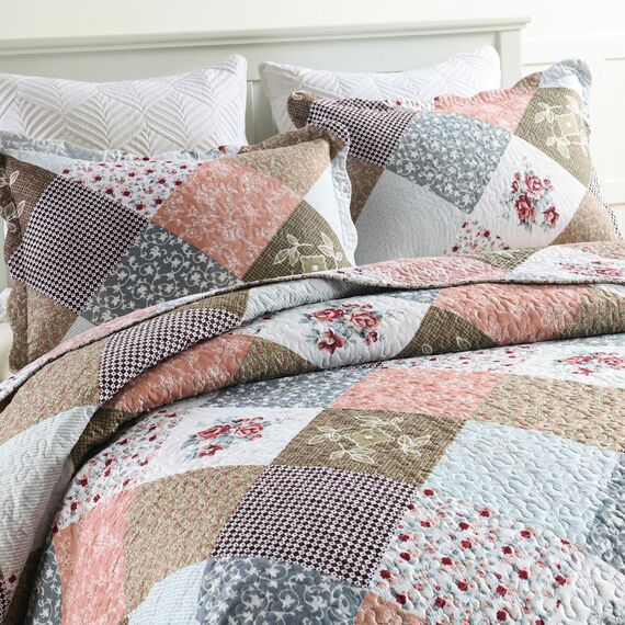 HoneiLife Bettwäsche-Set für Queen-Size-Betten, 3-teilig, Mikrofaser, wendbar, Tagesdecke, Patchwork-Decken, Blumen-Bettwäsche-Set für alle Jahreszeiten, Steppdecken, Rose, Queen-Size/volle Größe