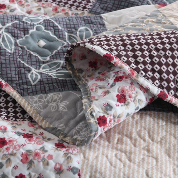 HoneiLife Steppdecken-Set in Queen-Size, 3-teilig, Mikrofaser, wendbar, Patchwork-Bezüge, Blumen-Bettwäsche-Set, Ganzjahresdecke, Grau mit Rosen, Queen/Full-Size