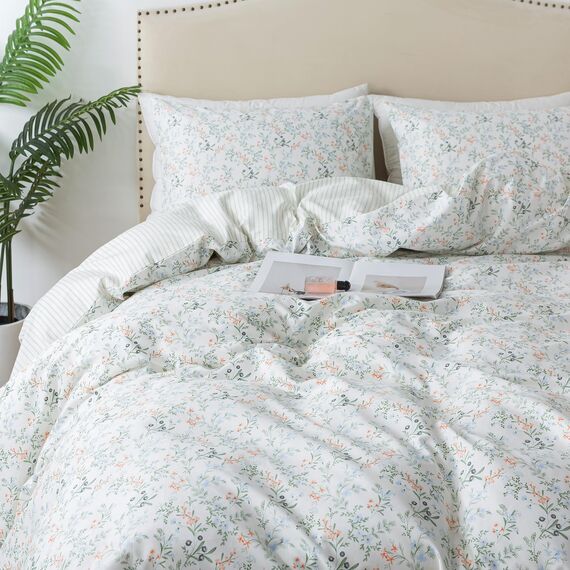 HoneiLife Botanical Bettbezug-Set für Queen-Size-Betten, 100 % Baumwolle, Blumen-Bettwäsche-Set, Wildblumen-Bettwäsche-Set für Queensize-Betten