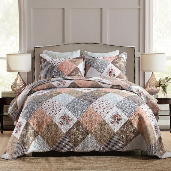 HoneiLife Bettwäsche-Set für Queen-Size-Betten, 3-teilig, Mikrofaser, wendbar, Tagesdecke, Patchwork-Decken, Blumen-Bettwäsche-Set für alle Jahreszeiten, Steppdecken, Rose, Queen-Size/volle Größe