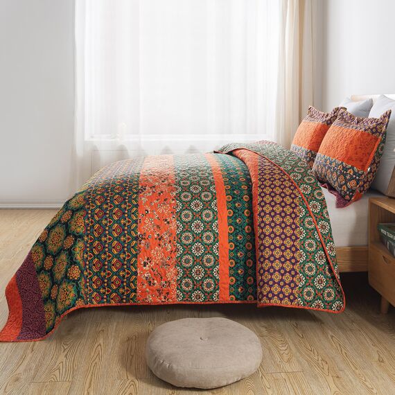 HoneiLife Steppdecken-Sets in Queen-Size, 3-teiliges Mikrofaser-Bettwäsche-Set, leichte Steppdecken, Wildblumen, Retro-Bettbezug, Steppdecke, Bettwäsche-Set für alle Jahreszeiten, Orange (Pumpkin)