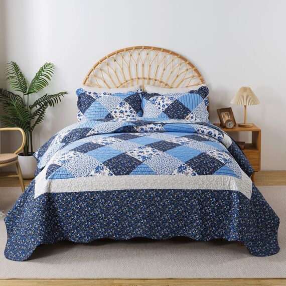 HoneiLife Bettwäsche-Set für King-Size-Betten – 3-teiliges Mikrofaser-Steppdecken, wendbar, Blumen-Bettwäsche-Set für alle Jahreszeiten, Steppdecken mit blauem und weißem Porzellan-Muster