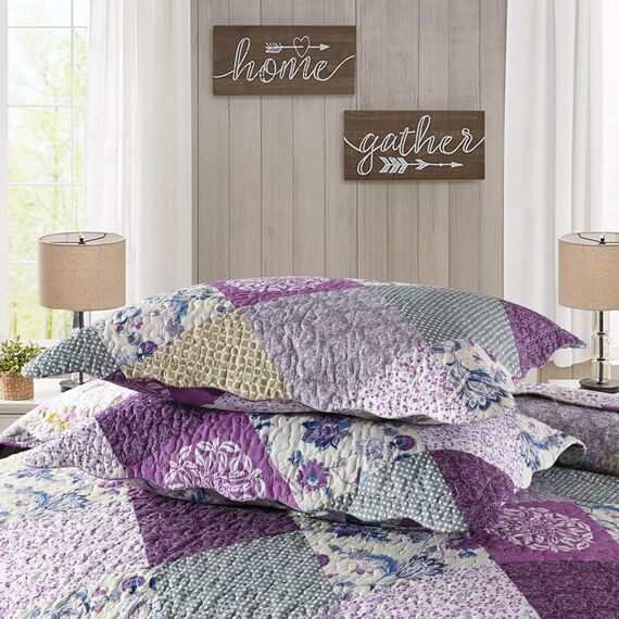 HoneiLife Steppdecken-Set in Queen-Size, 3-teilig, Mikrofaser, wendbar, Patchwork-Bezüge, Blumen-Bettwäsche-Set, Ganzjahresdecke, Late Spring, Queen/Full-Size