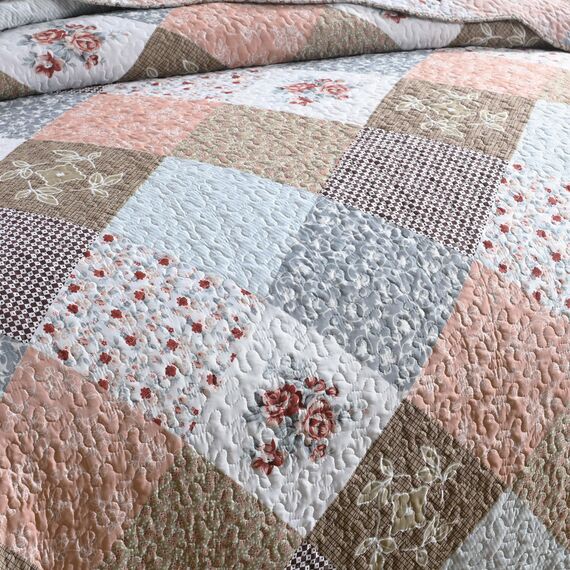 HoneiLife Bettwäsche-Set für Queen-Size-Betten, 3-teilig, Mikrofaser, wendbar, Tagesdecke, Patchwork-Decken, Blumen-Bettwäsche-Set für alle Jahreszeiten, Steppdecken, Rose, Queen-Size/volle Größe