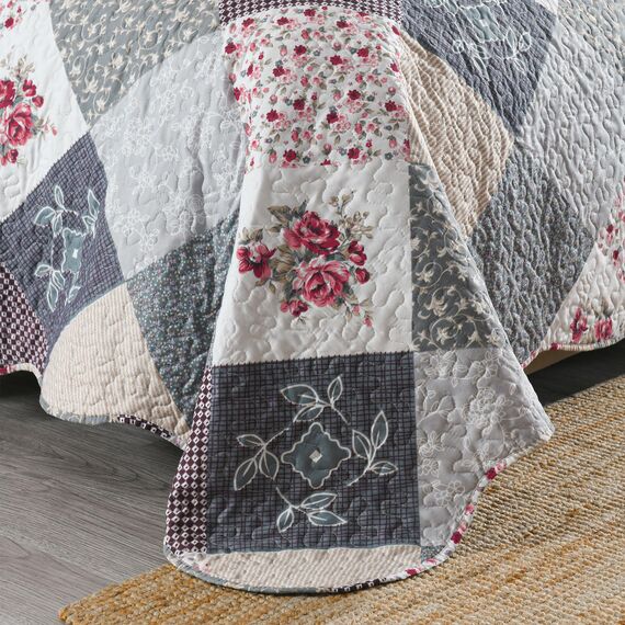 HoneiLife Steppdecken-Set in King-Size, 3-teilig, Mikrofaser, wendbar, Patchwork-Bezüge, Blumen-Bettwäsche-Set, Ganzjahresdecke, grau, mit Rosen