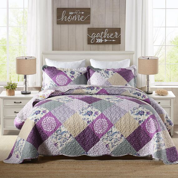 HoneiLife Steppdecken-Set in Queen-Size, 3-teilig, Mikrofaser, wendbar, Patchwork-Bezüge, Blumen-Bettwäsche-Set, Ganzjahresdecke, Late Spring, Queen/Full-Size