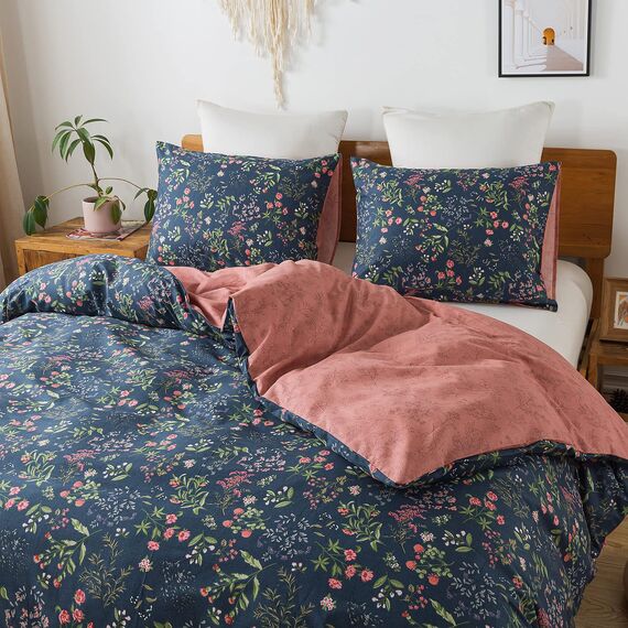 HoneiLife Queen-Bettbezug-Set – 100% Baumwolle, Bettbezug, Blumenmuster, weicher und atmungsaktiver Bettbezug mit Reißverschluss und Eckbändern, 3-teiliges Wildblumen-Bettbezug-Set – Blumen-Meer