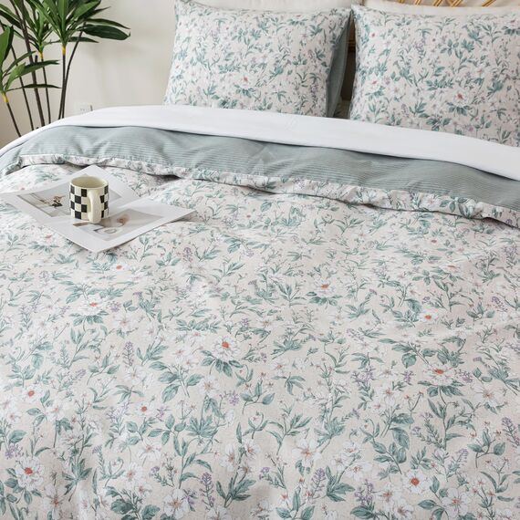 HoneiLife Bettwäsche-Set mit Blumenmuster für Queen-Size-Betten, 100 % Baumwolle, weiches botanisches Bettwäsche-Set mit Reißverschluss und Eckbändern, 3-teiliges Wildblumen-Bettwäsche-Set, Grün
