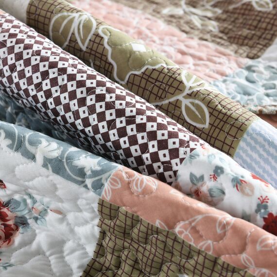 HoneiLife Steppdecken-Set in King-Size, 3-teilig, Mikrofaser, wendbar, Patchwork-Bezüge, Blumen-Bettwäsche-Set, Ganzjahresdecke, braun-/orangefarben (Mocha Rose), King-Size