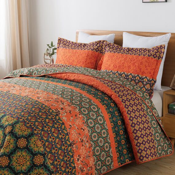 HoneiLife Steppdecken-Sets in Queen-Size, 3-teiliges Mikrofaser-Bettwäsche-Set, leichte Steppdecken, Wildblumen, Retro-Bettbezug, Steppdecke, Bettwäsche-Set für alle Jahreszeiten, Orange (Pumpkin)