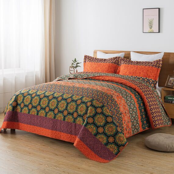 HoneiLife Steppdecken-Sets in Queen-Size, 3-teiliges Mikrofaser-Bettwäsche-Set, leichte Steppdecken, Wildblumen, Retro-Bettbezug, Steppdecke, Bettwäsche-Set für alle Jahreszeiten, Orange (Pumpkin)