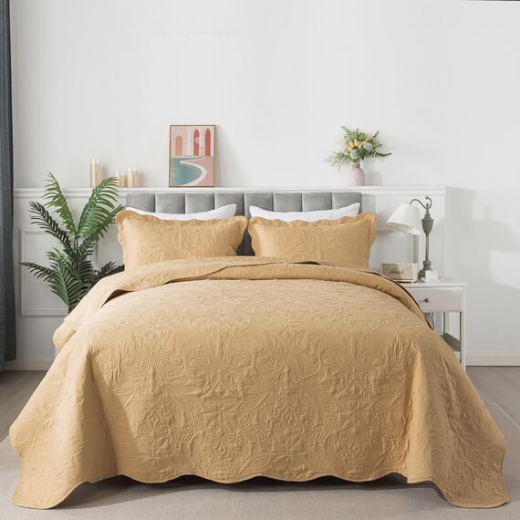 HoneiLife Bestickte Steppdecke für King-Size-Betten – 3-teiliges Mikrofaser-Bettwäsche-Set, leichte Tagesdecken, wendbare Decken, Retro-Bettbezug, Paisleymuster, Ganzjahres-Steppdecken, Gelb