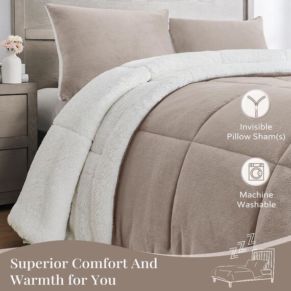 Basic Beyond Queen-Bettwäsche-Set – Luxus-Fleece-Sherpa-Bettwäsche-Sets für Queensize-Bett, weich und warm, Queen-Size-Bettwäsche-Set für den Winter, Sand, 223,5 x 223,5 cm