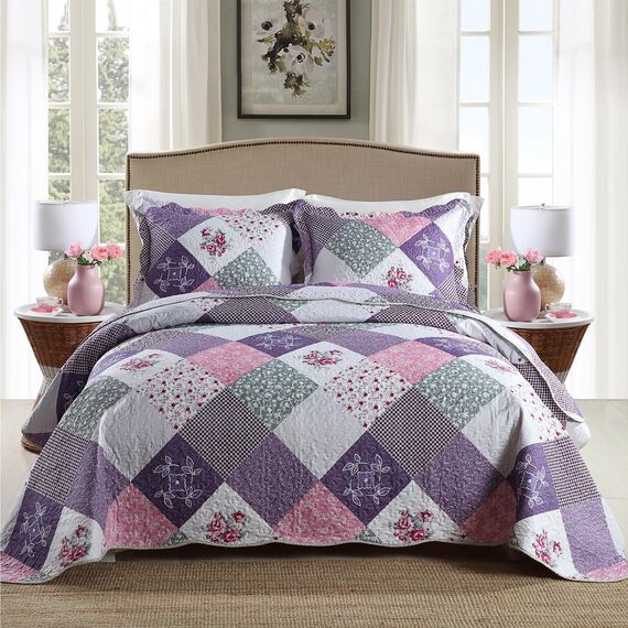HoneiLife Bettwäsche-Set für Doppelbett, 2-teilig, Mikrofaser, wendbar, Tagesdecke, Patchwork-Überwurf, Blumenmuster, alle Jahreszeiten, Steppdecken mit geometrischem und kleinem Rosenmuster, Violett