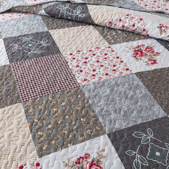 HoneiLife Steppdecken-Set in King-Size, 3-teilig, Mikrofaser, wendbar, Patchwork-Bezüge, Blumen-Bettwäsche-Set, Ganzjahresdecke, grau, mit Rosen