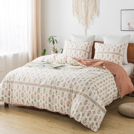 HoneiLife King-Bettwäsche-Set, 100 % Baumwolle, Bettbezug mit Blumenmuster, weich und atmungsaktiv, Bettbezug mit Reißverschluss und Eckbändern, 3-teiliges Wildblumen-Bettwäsche-Set, Süßgras