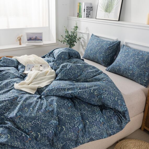 HoneiLife Queen-Size-Bettbezug, 100 % Baumwolle, Bettbezug-Set, atmungsaktives Bettwäsche-Set mit Reißverschluss und Eckbändern, 3-teiliges Wildblumen-Bettwäsche-Set