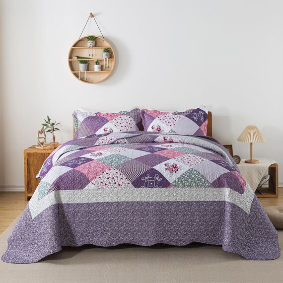 HoneiLife Steppdecken-Sets in Queen-Size, 3-teiliges Mikrofaser-Bettwäsche-Set, leichte Steppdecken, wendbar, Retro-Bettbezug, mit Blumenmotiv, Bettwäsche-Set für alle Jahreszeiten, Violett