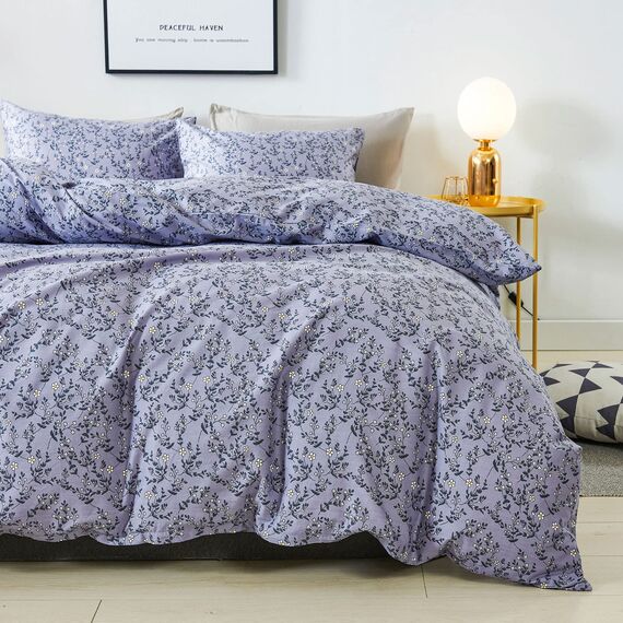 HoneiLife Bettbezug für King-Size-Betten – 100 % Baumwolle, Bettbezug-Sets, hellviolett, Bettbezug mit Reißverschluss und Eckbändern, 3-teiliges Wildblumen-Bettbezug-Sets, Lavendelgrau