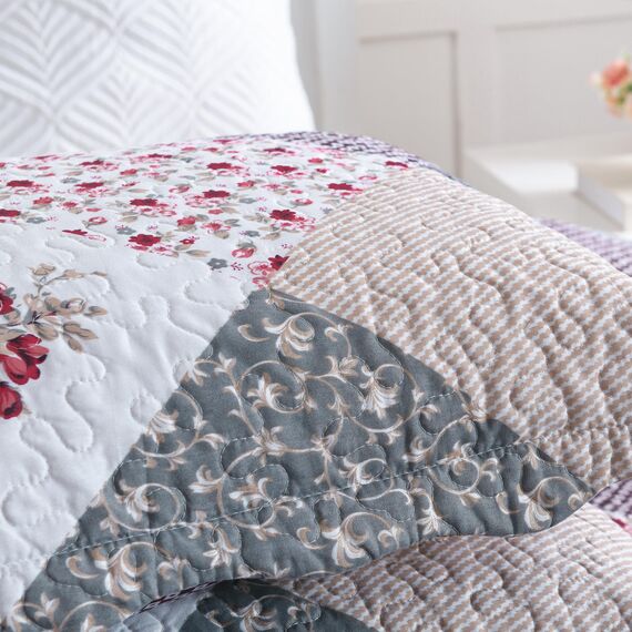 HoneiLife Steppdecken-Set in King-Size, 3-teilig, Mikrofaser, wendbar, Patchwork-Bezüge, Blumen-Bettwäsche-Set, Ganzjahresdecke, grau, mit Rosen