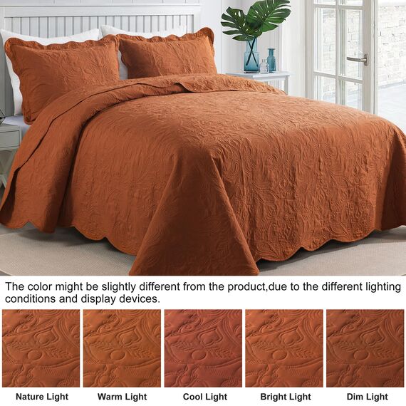 HoneiLife Queen-Size-Bettwäsche-Set – 3-teiliges Mikrofaser-Bettwäsche-Set, leichte Tagesdecken, wendbare Decken, Retro-Bettbezug, Paisleymuster, alle Jahreszeiten, Steppdecken – Rostfarben