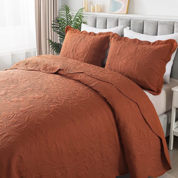 HoneiLife Queen-Size-Bettwäsche-Set – 3-teiliges Mikrofaser-Bettwäsche-Set, leichte Tagesdecken, wendbare Decken, Retro-Bettbezug, Paisleymuster, alle Jahreszeiten, Steppdecken – Rostfarben