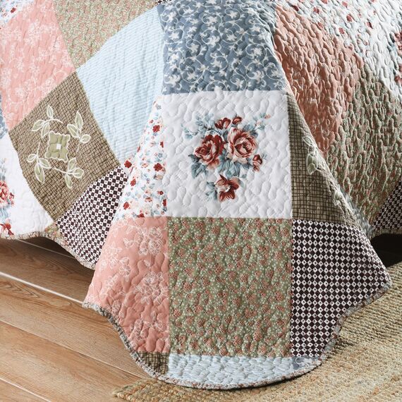 HoneiLife Steppdecken-Set in King-Size, 3-teilig, Mikrofaser, wendbar, Patchwork-Bezüge, Blumen-Bettwäsche-Set, Ganzjahresdecke, braun-/orangefarben (Mocha Rose), King-Size