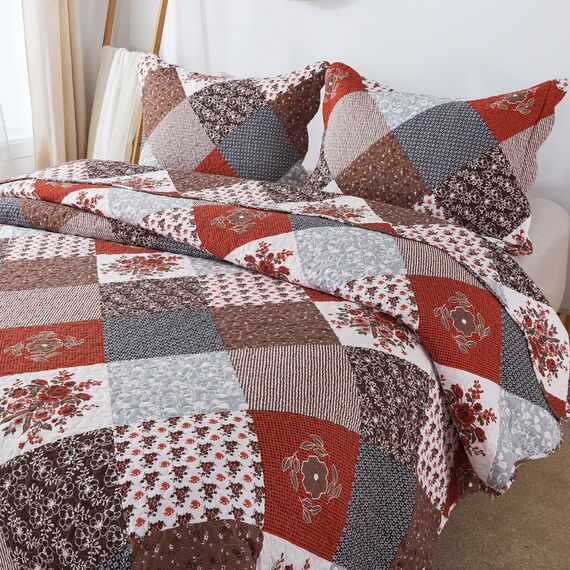 HoneiLife Bettwäsche-Set für King-Size-Betten, 3-teilig, Mikrofaser, wendbar, Patchwork-Bettwäsche-Set, leicht, Blumenmuster, für alle Jahreszeiten, Amaranth-Rot