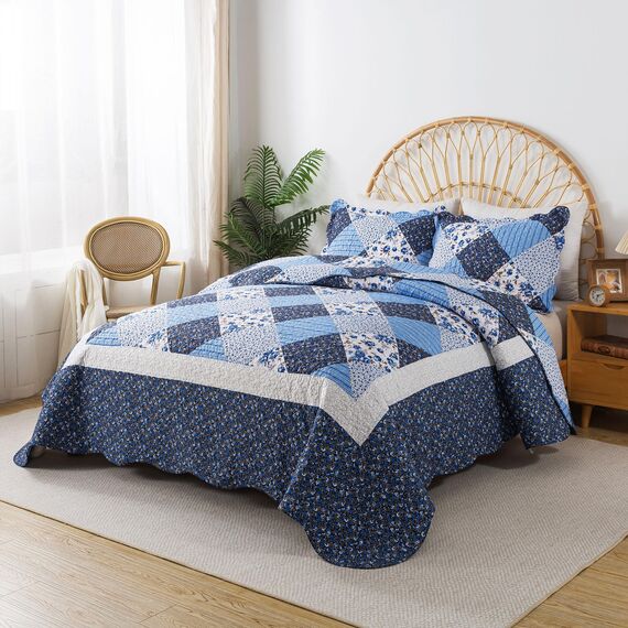 HoneiLife Steppdecken-Set in Twin-Size, 2-teilig, Mikrofaser, wendbar, Patchwork-Bezüge, Blumen-Bettwäsche-Set, Ganzjahresdecke, Blau-Weißes Porzellanmuster