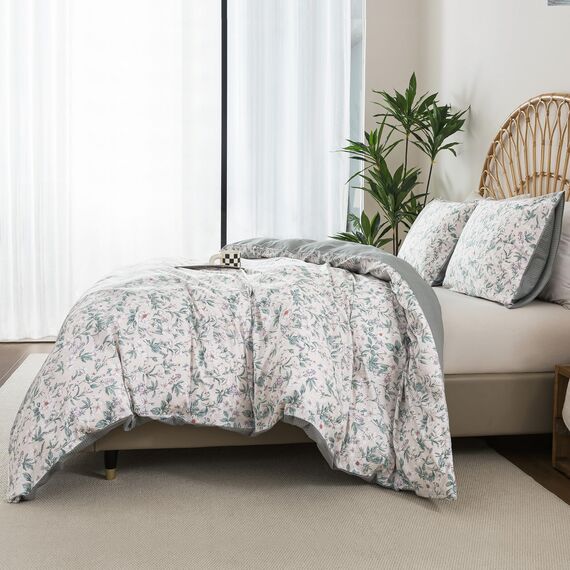 HoneiLife Bettwäsche-Set mit Blumenmuster für Queen-Size-Betten, 100 % Baumwolle, weiches botanisches Bettwäsche-Set mit Reißverschluss und Eckbändern, 3-teiliges Wildblumen-Bettwäsche-Set, Grün