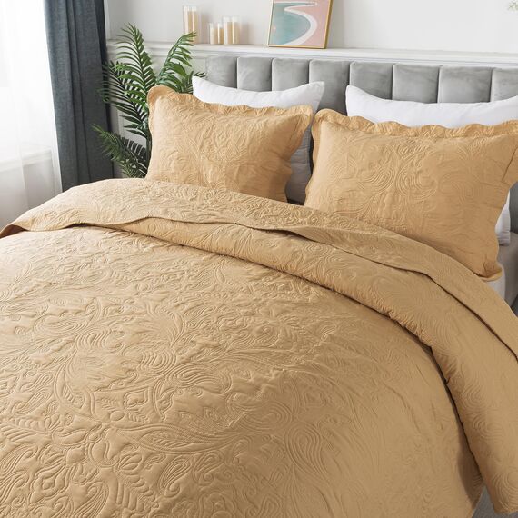 HoneiLife Bestickte Steppdecke für King-Size-Betten – 3-teiliges Mikrofaser-Bettwäsche-Set, leichte Tagesdecken, wendbare Decken, Retro-Bettbezug, Paisleymuster, Ganzjahres-Steppdecken, Gelb