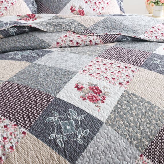 HoneiLife Steppdecken-Set in King-Size, 3-teilig, Mikrofaser, wendbar, Patchwork-Bezüge, Blumen-Bettwäsche-Set, Ganzjahresdecke, grau, mit Rosen