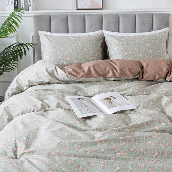 HoneiLife Wildblumen-Bettwäsche-Set für Queen-Size-Betten, 100 % Baumwolle, Blumen-Bettwäsche-Set, botanisches Bettwäsche-Set mit Reißverschluss und Eckbändern, Vitalität