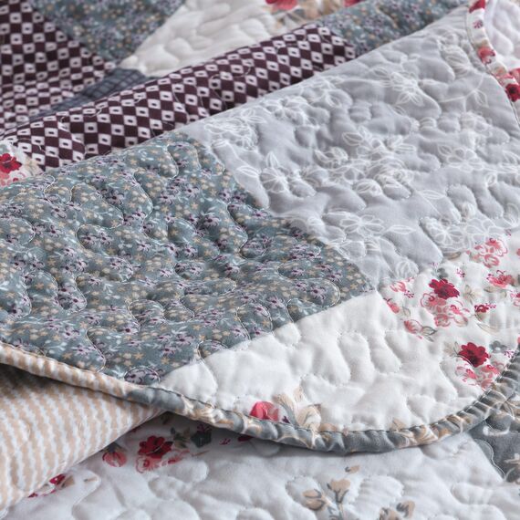HoneiLife Steppdecken-Set in Twin-Size, 2-teilig, Mikrofaser, wendbar, Patchwork-Bezüge, Blumen-Bettwäsche-Set, Ganzjahresdecke, geometrisches und kleines Rosenmuster, Grau