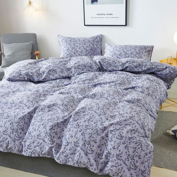 HoneiLife Bettbezug für King-Size-Betten – 100 % Baumwolle, Bettbezug-Sets, hellviolett, Bettbezug mit Reißverschluss und Eckbändern, 3-teiliges Wildblumen-Bettbezug-Sets, Lavendelgrau
