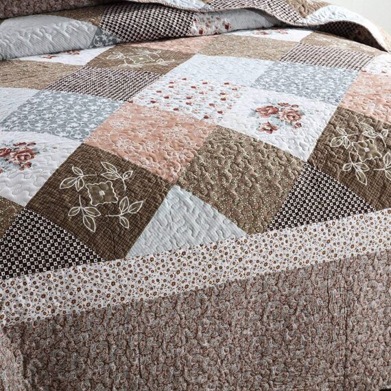 HoneiLife Bettwäsche-Set, Queen-Size-Größe, 3-teilig, Mikrofaser-Steppdecken, wendbar, Patchwork-Decken, Blumenmuster, Bettwäsche-Set, Steppdecken mit Mokka-Rose, Queen-Size-Bett
