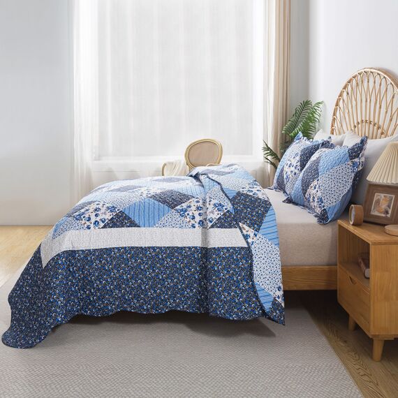 HoneiLife Steppdecken-Set in Twin-Size, 2-teilig, Mikrofaser, wendbar, Patchwork-Bezüge, Blumen-Bettwäsche-Set, Ganzjahresdecke, Blau-Weißes Porzellanmuster