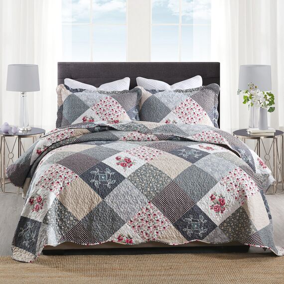 HoneiLife Steppdecken-Set in King-Size, 3-teilig, Mikrofaser, wendbar, Patchwork-Bezüge, Blumen-Bettwäsche-Set, Ganzjahresdecke, grau, mit Rosen